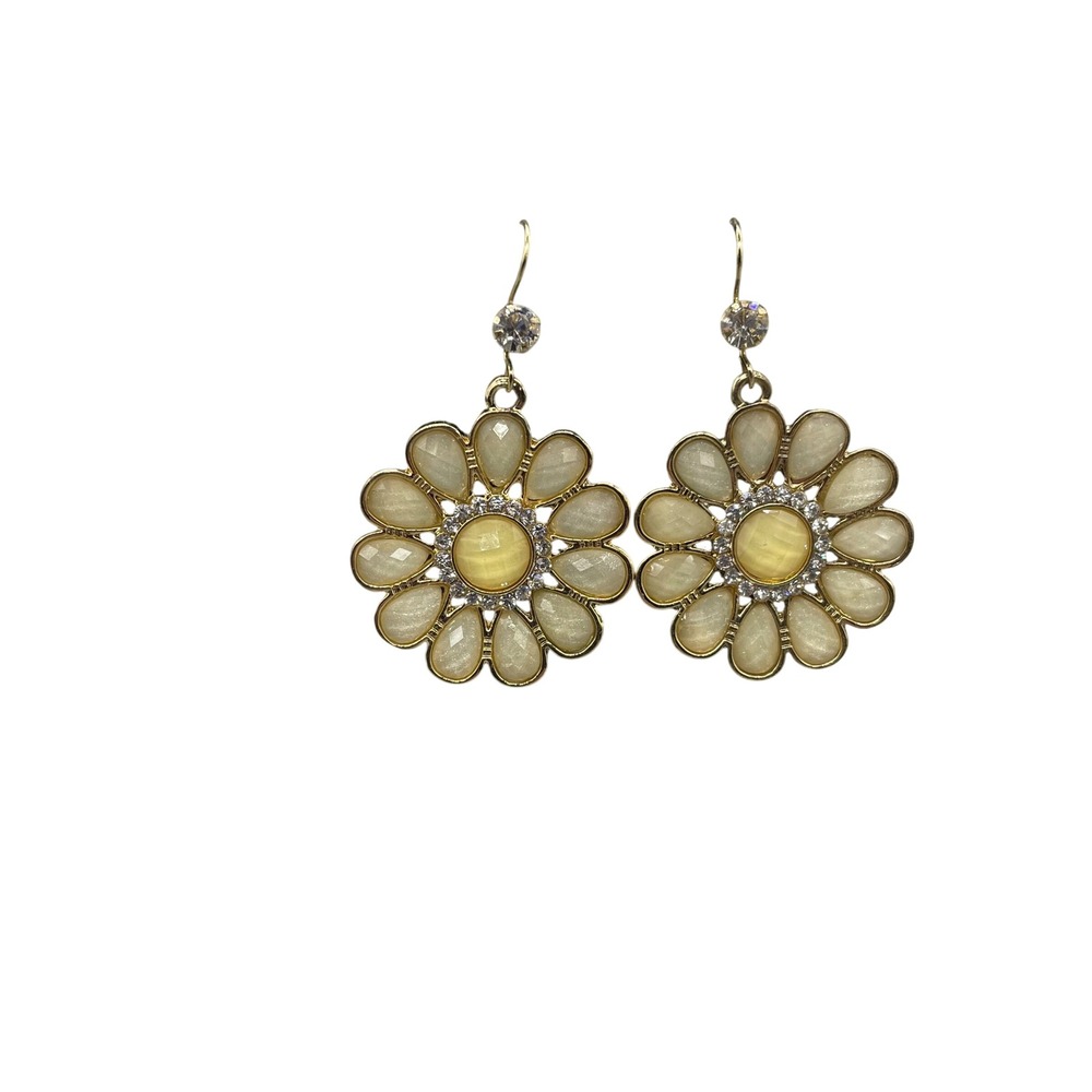 Gold‎ Tone Daisy Flower Drop Earrings Yellow Cats Eye Rhinestone Floral Dangle